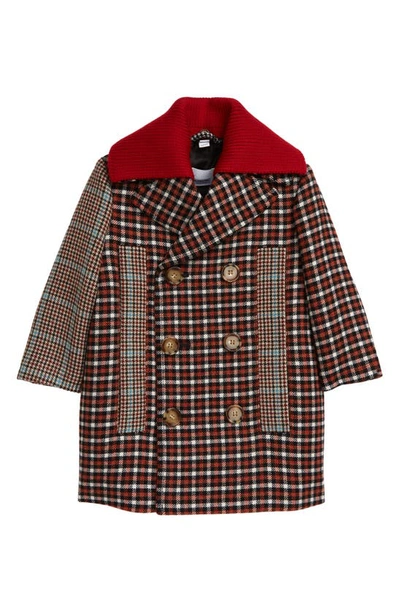 Shop Burberry Kids' Eliot Patchwork Check Wool Blend Coat With Removable Collar In Vermillion Red