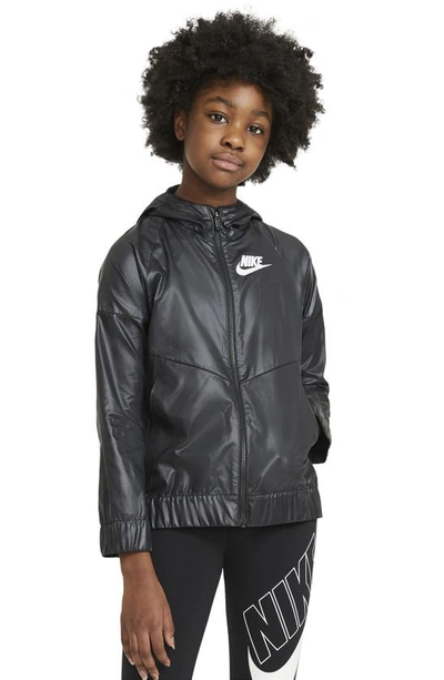 Shop Nike Sportswear Kids' Windrunner Water Repellent Hooded Jacket In Black/black/white