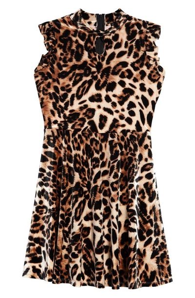 Ava & Yelly Kids' Leopard Print Velvet Skater Dress In Brown