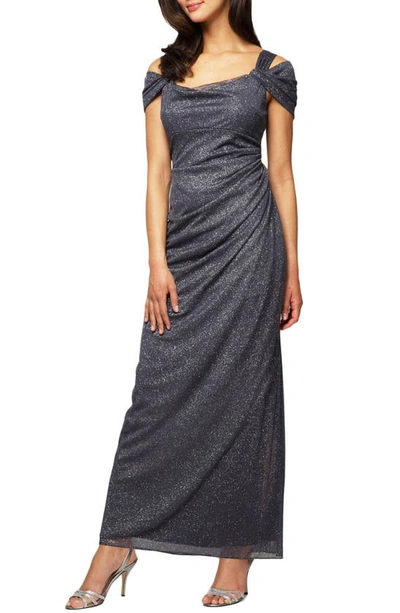 Shop Alex Evenings Cold Shoulder Ruffle Glitter Chiffon Gown In Smoke