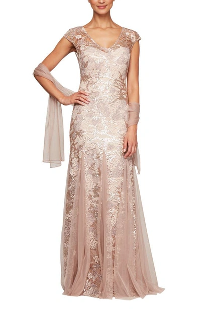 Shop Alex Evenings Sequin Embroidered Trumpet Gown In Rose Gold