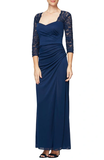 Shop Alex Evenings Lace Yoke & Sleeves Ruched Gown In Navy