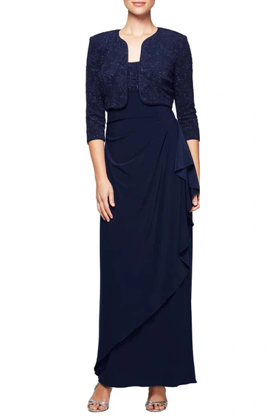 Shop Alex Evenings Draped Column Gown With Bolero Jacket In Navy
