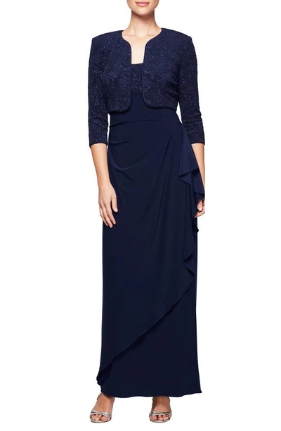 Alex Evenings Women's Draped Gown & Glitter Bolero Jacket In Navy