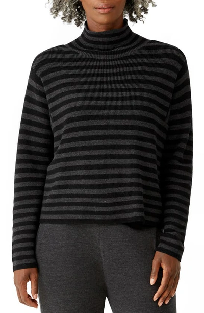 Shop Eileen Fisher Stripe Wool Turtleneck Sweater In Black/ Charcoal