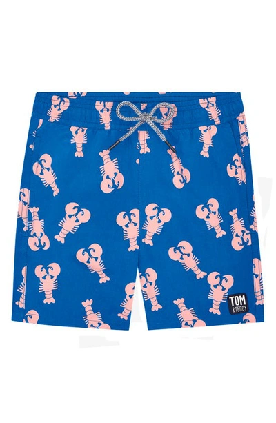 Shop Tom & Teddy Lobster Print Swim Trunks In Mid Blue & Pink