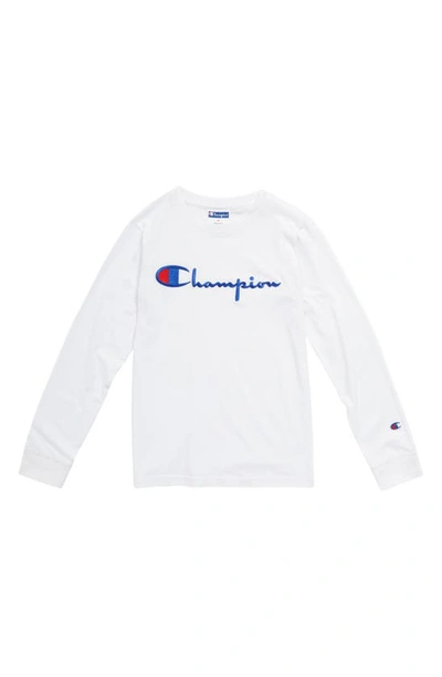 Shop Champion Kids' Embroidered Signature Script Long Sleeve T-shirt (big Boy) In White