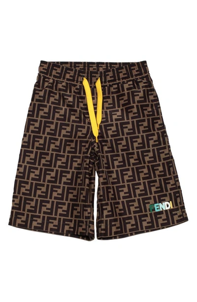 Shop Fendi Kids' Ff Logo Swim Trunks In Brown Print