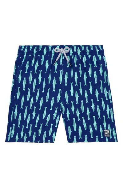 Shop Tom & Teddy Kids' Fish Print Swim Trunks In Ink Blue And Green