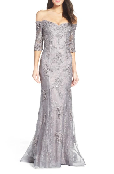 Shop La Femme Off The Shoulder Lace Mermaid Gown In Pink/ Gray