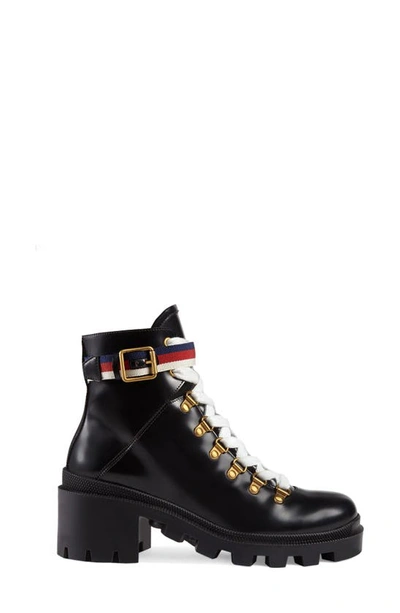 Shop Gucci Trip Lug Sole Combat Boot In Black Leather