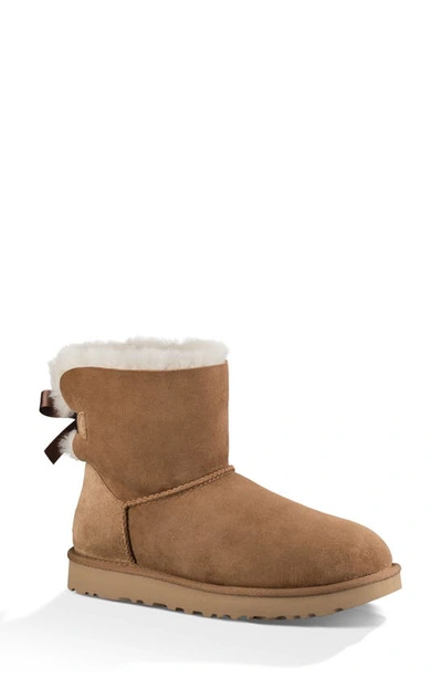 Shop Ugg Mini Bailey Bow Ii Genuine Shearling Bootie In Chestnut Suede
