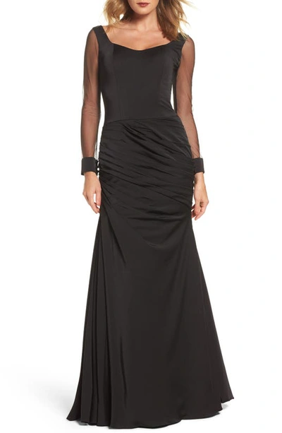 Shop La Femme Sheer Sleeve Gown In Black