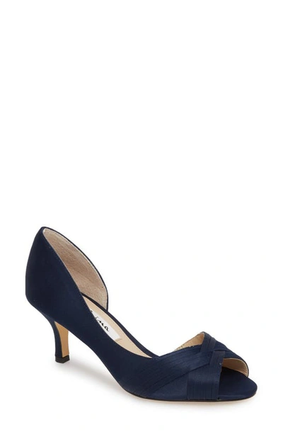 Shop Nina Contesa Open Toe Pump In Navy Satin