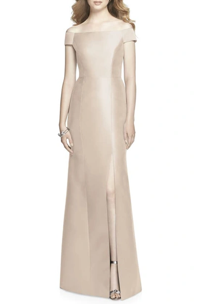 Shop Alfred Sung Off The Shoulder Sateen Gown In Cameo