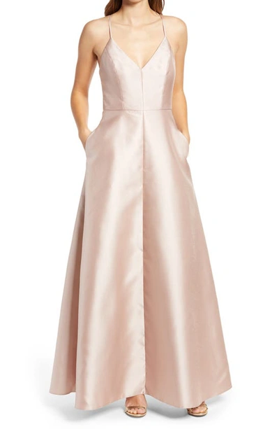 Shop Alfred Sung Crossback Satin Twill A-line Gown In Cameo