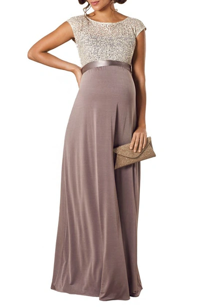 Shop Tiffany Rose Mia Lace & Jersey Maternity Gown In Dusky Truffle