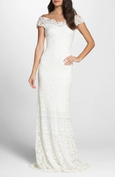 Shop Tadashi Shoji Off The Shoulder Illusion Lace Gown In Ivory