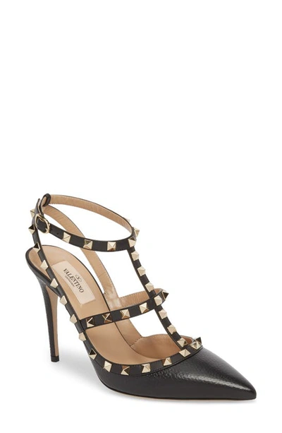 Shop Valentino Rockstud T-strap Pointed Toe Pump In Black Leather