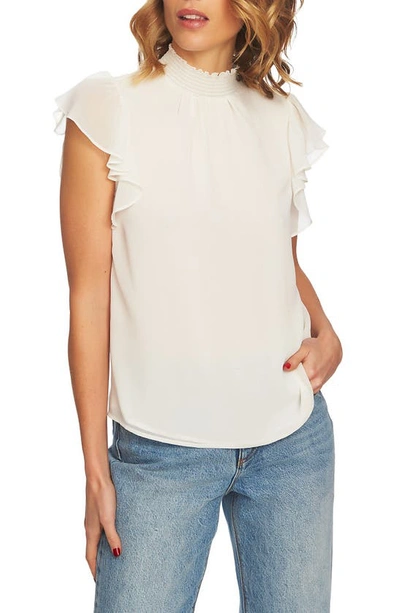 Shop 1.state Flutter Sleeve Smocked Neck Blouse In Soft Ecru