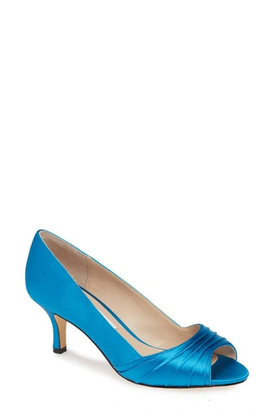 Shop Nina Chezare Peep Toe Pump In Caribbean Blue Satin