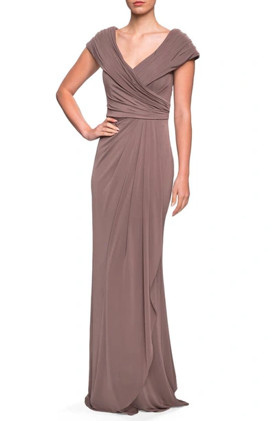 Shop La Femme Ruched Jersey Column Gown In Cocoa