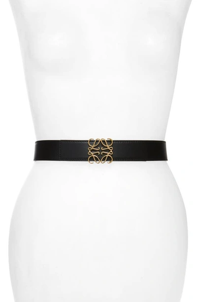 Shop Loewe Anagram Logo Leather Belt In Black/ Gold/ Navy