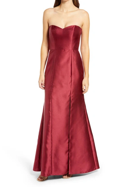 Shop Alfred Sung Strapless Satin Trumpet Gown In Burgundy