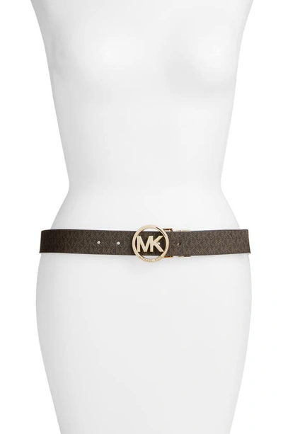 Shop Michael Michael Kors Logo Reversible Leather Belt In Chocolate/ Black