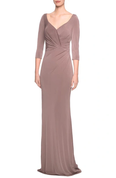 Shop La Femme Ruched Jersey Column Gown In Cocoa