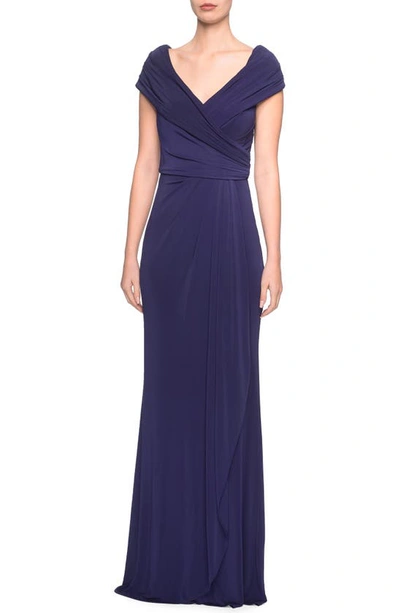 Shop La Femme Ruched Jersey Column Gown In Navy