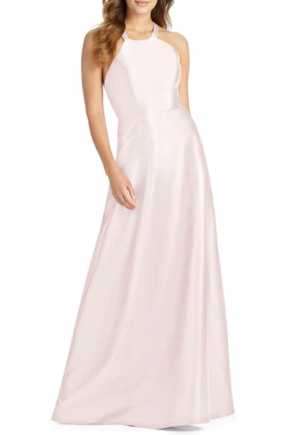 Shop Alfred Sung Lace-up Back Satin Twill A-line Gown In Blush