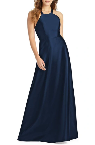 Shop Alfred Sung Lace-up Back Satin Twill A-line Gown In Midnight