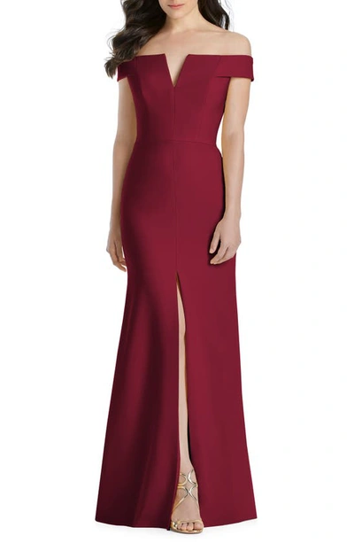 Shop Dessy Collection Notched Off The Shoulder Crepe Gown In Burgundy