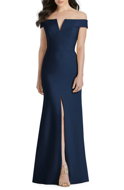 Shop Dessy Collection Notched Off The Shoulder Crepe Gown In Midnight