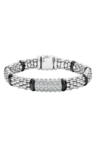 Shop Lagos Black Caviar Diamond 6-link Bracelet In Silver/ Black Ceramic/ Diamond