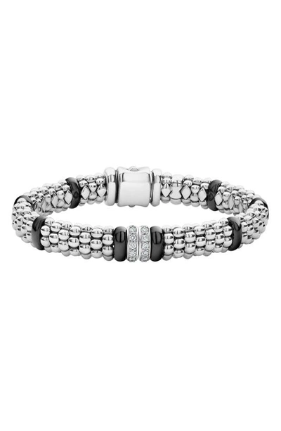 Shop Lagos Black Caviar Diamond 2-link Bracelet In Silver/ Black Ceramic/ Diamond