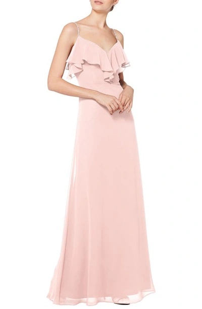 Shop Levkoff Embellished Ruffle Neck Chiffon A-line Gown In Petal Pink