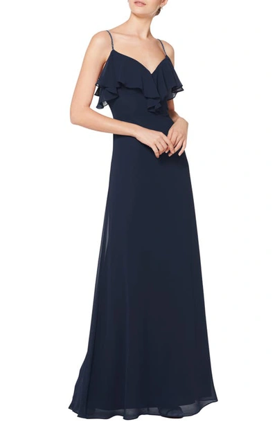 Shop Levkoff Embellished Ruffle Neck Chiffon A-line Gown In Navy