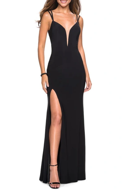 Shop La Femme Strappy Back Jersey Column Gown In Black