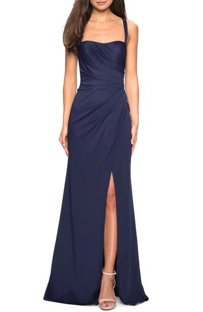 Shop La Femme Ruched Jersey A-line Gown In Navy