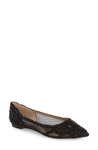 Shop Badgley Mischka Gigi Crystal Pointed Toe Flat In Black Satin