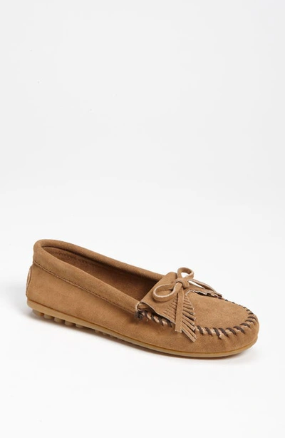 Shop Minnetonka Kilty Suede Driving Shoe In Taupe Suede