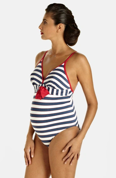 Shop Pez D'or Palm Springs One-piece Maternity Swimsuit In Navy/ Red