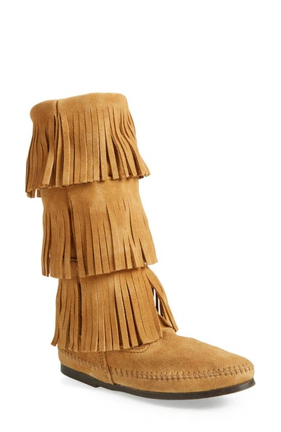 Shop Minnetonka 3-layer Fringe Boot In Taupe Suede