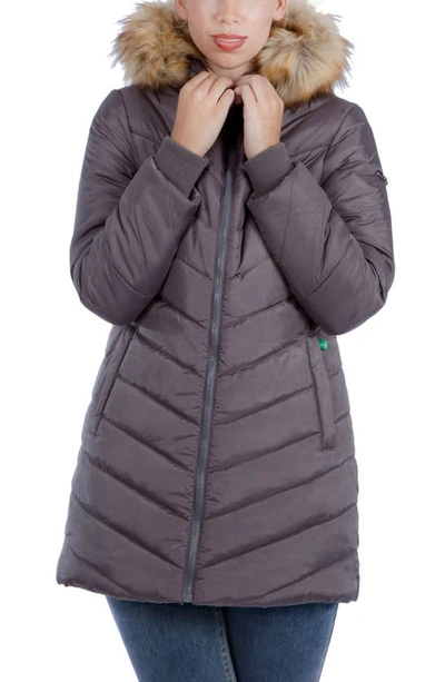 Shop Modern Eternity Faux Fur Trim Convertible Puffer 3-in-1 Maternity Jacket In Dark Grey
