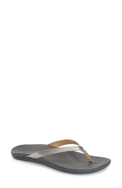 Shop Olukai Ho Opio Leather Flip Flop In Metallic Silver Leather