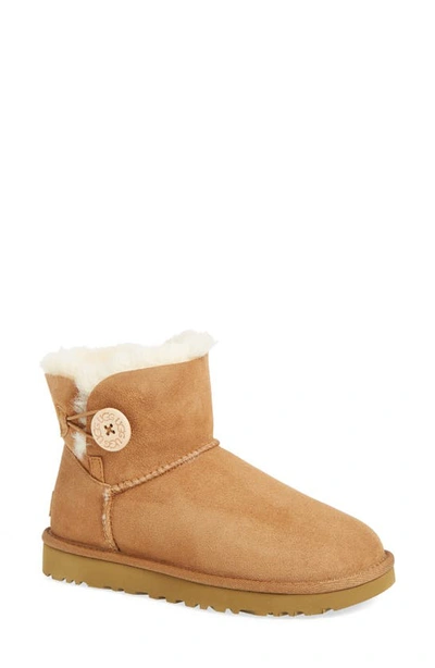 Shop Ugg Mini Bailey Button Ii Genuine Shearling Boot In Chestnut Suede