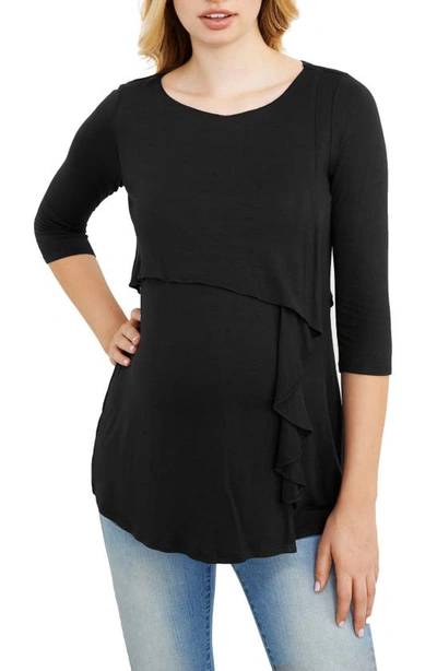 Shop Maternal America Cascade Ruffle Front Maternity/nursing Top In Black