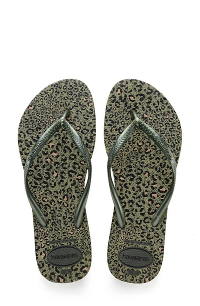 Shop Havaianas Slim Animal Print Flip Flop In Olive Green Metallic